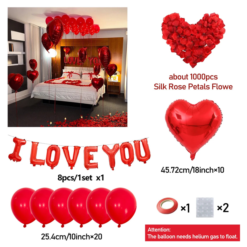 Happy Valentine Red I Love You Balloon Set Heart Shaped Aluminum Foil Balloon Suitable for Anniversary, Wedding Season, Birthday, Mother's Day