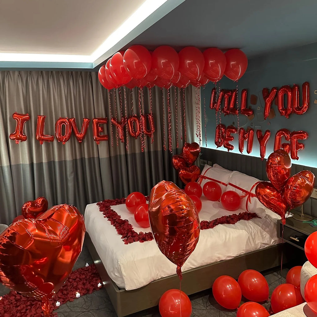 Happy Valentine Red I Love You Balloon Set Heart Shaped Aluminum Foil Balloon Suitable for Anniversary, Wedding Season, Birthday, Mother's Day