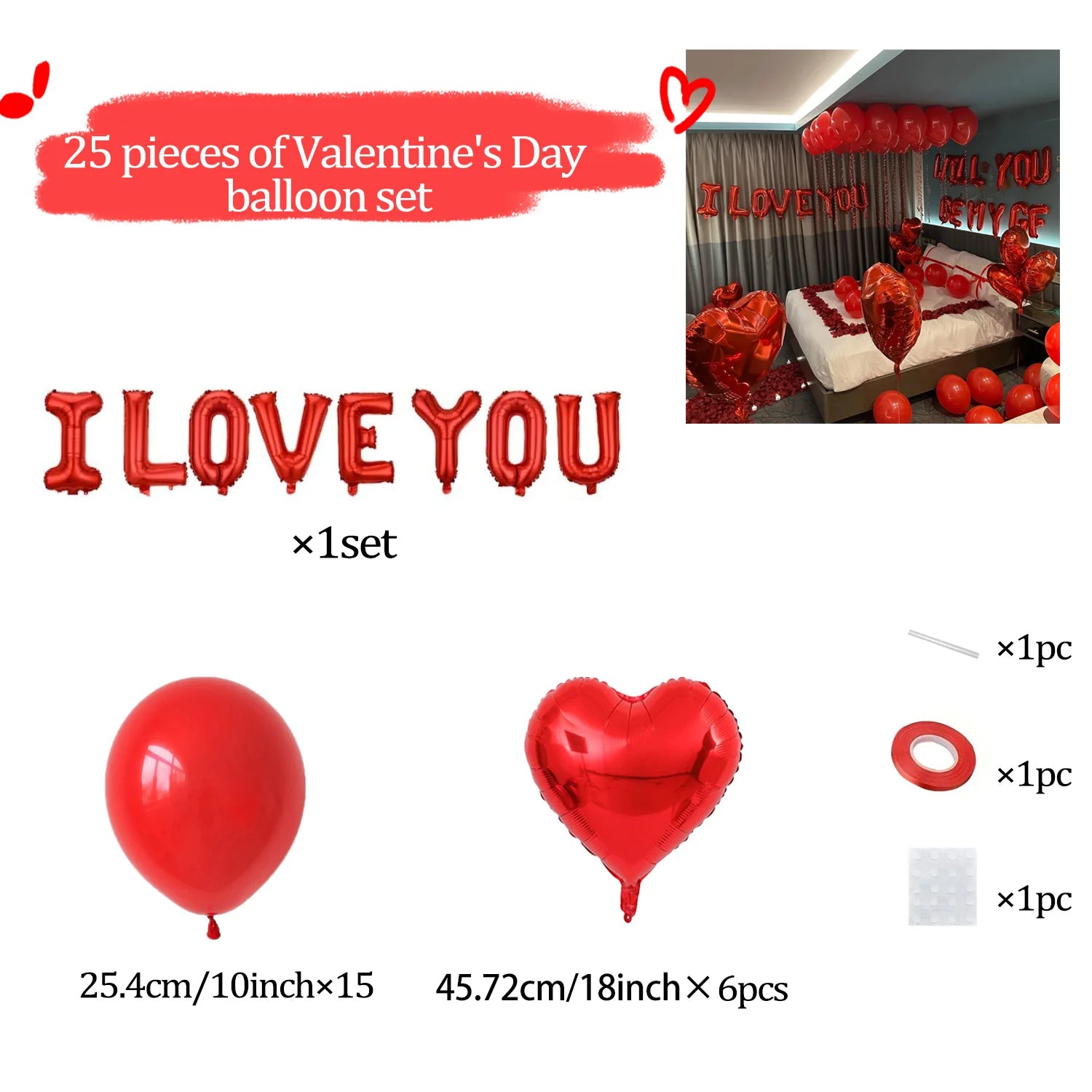 Happy Valentine Red I Love You Balloon Set Heart Shaped Aluminum Foil Balloon Suitable for Anniversary, Wedding Season, Birthday, Mother's Day